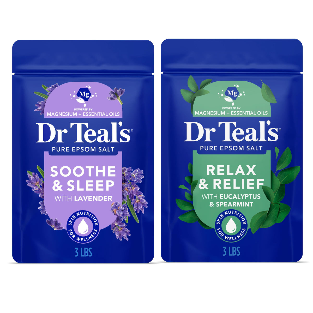 Dr Teal's front packaging showing both lavender and eucalyptus benefits