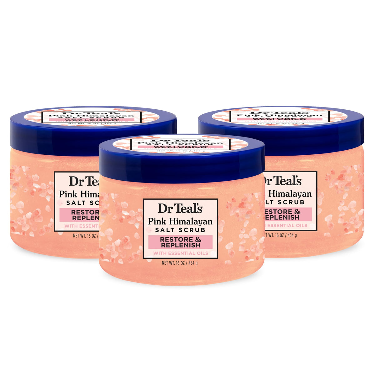 Dr Teal's front jar packaging showing pink Himalayan salt scrub and calming scent benefits