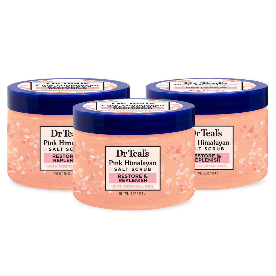 Dr Teal's front jar packaging showing pink Himalayan salt scrub and calming scent benefits