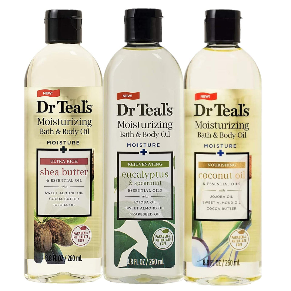 Dr Teal's front packaging showing three oil bottles and gift-ready presentation