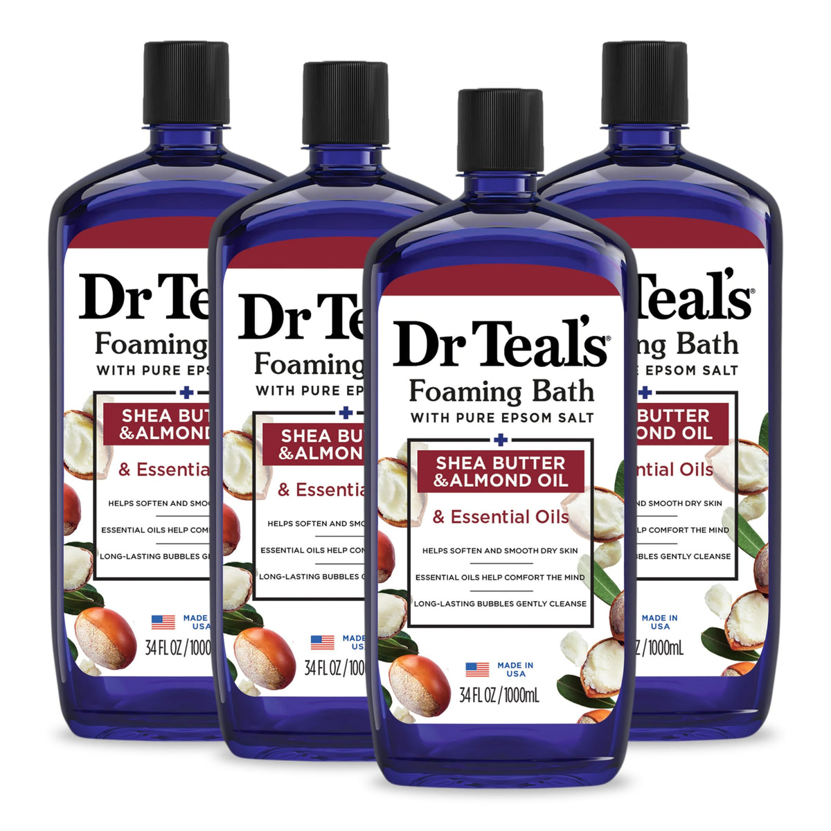Dr Teal's front packaging showing shea butter and almond scent benefits