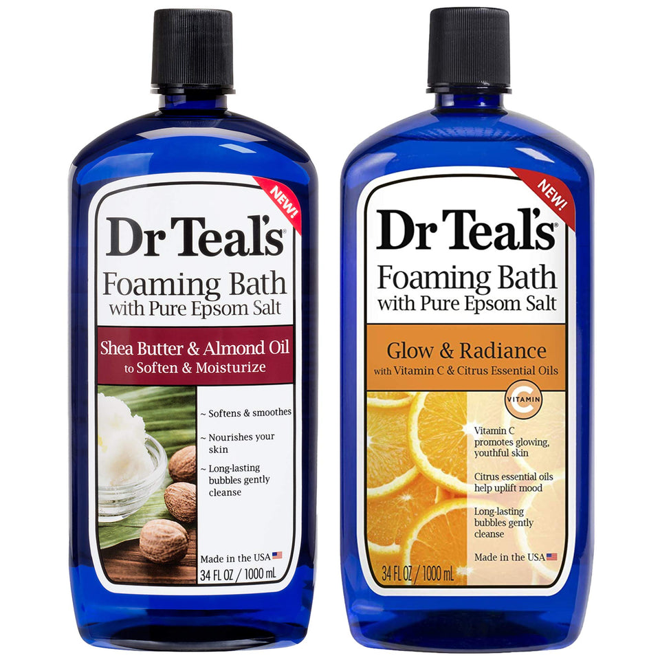 Dr Teal's front packaging showing both 34 fl oz bottles and clear labeling for choice