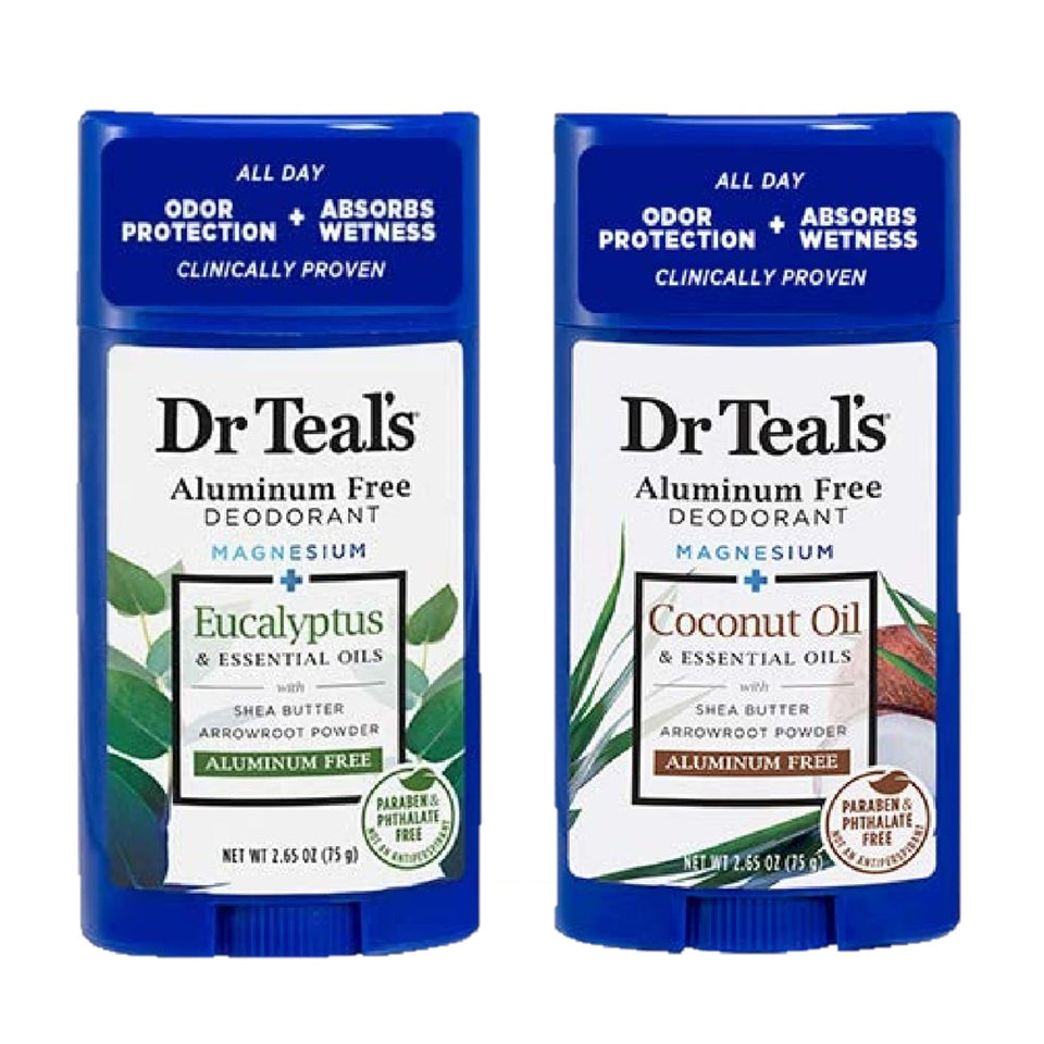 Dr Teal's two-stick gift set front view showing both scents and compact benefit