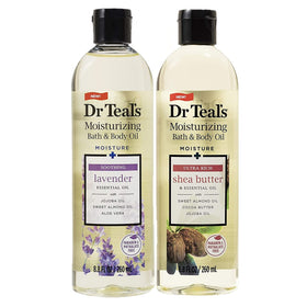Dr Teal's front packaging showing both bottles and clear gift presentation, evoking convenience