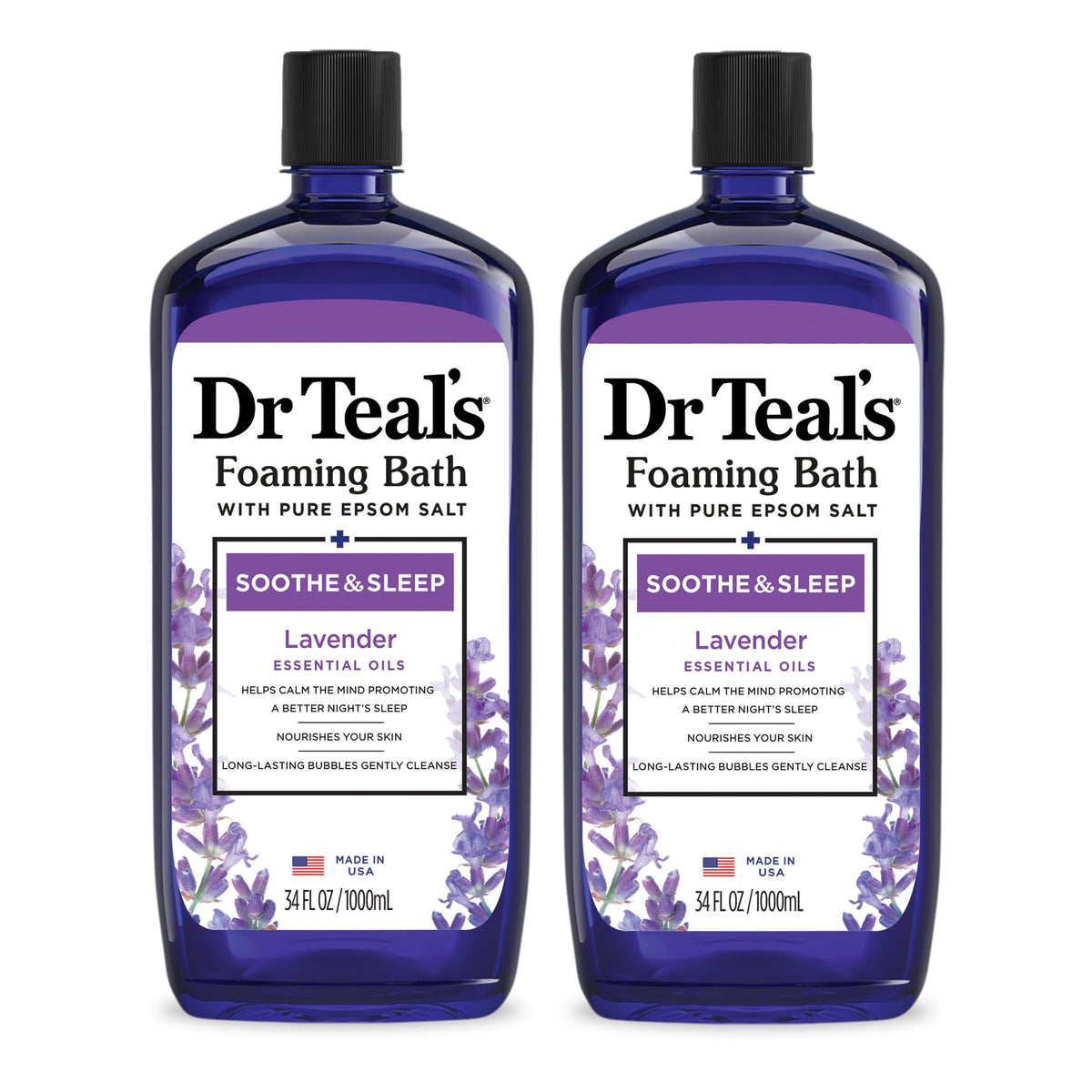Dr Teal's front packaging showing bottles and calming lavender scent