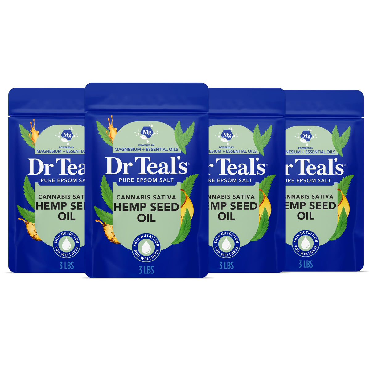 Dr Teal's front packaging showing four 3 lb tubs and calming label benefits
