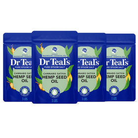 Dr Teal's front packaging showing four 3 lb tubs and calming label benefits