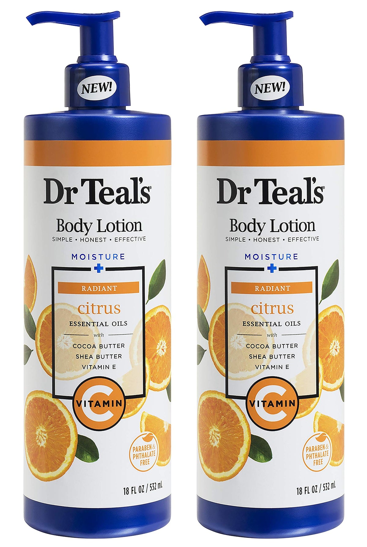 Dr Teal's front packaging showing two 18 fl oz pump bottles and brand benefits