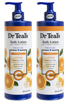 Dr Teal's front packaging showing two 18 fl oz pump bottles and brand benefits