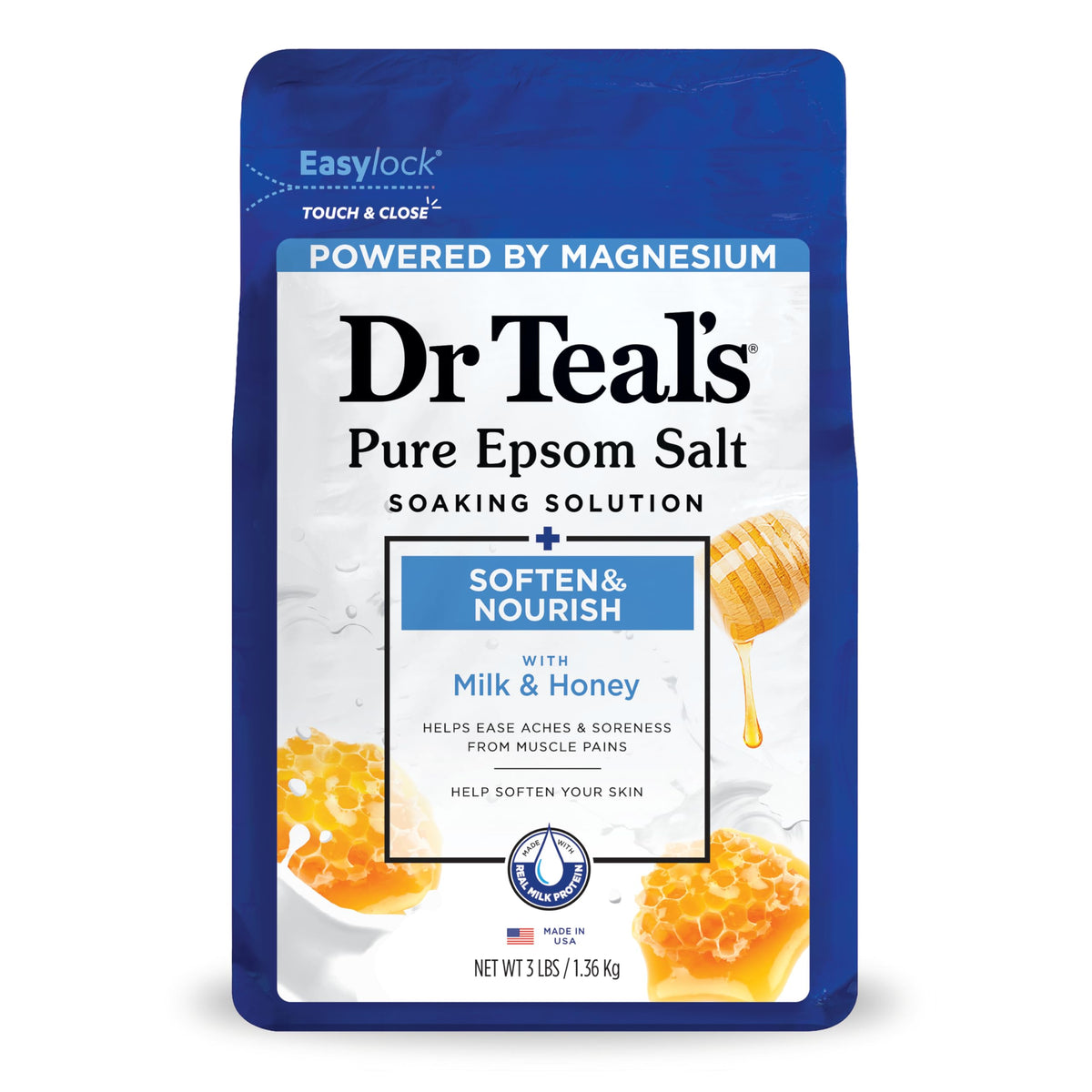 Dr. Teal's front pouch showing milk and honey scent and nourishing benefits