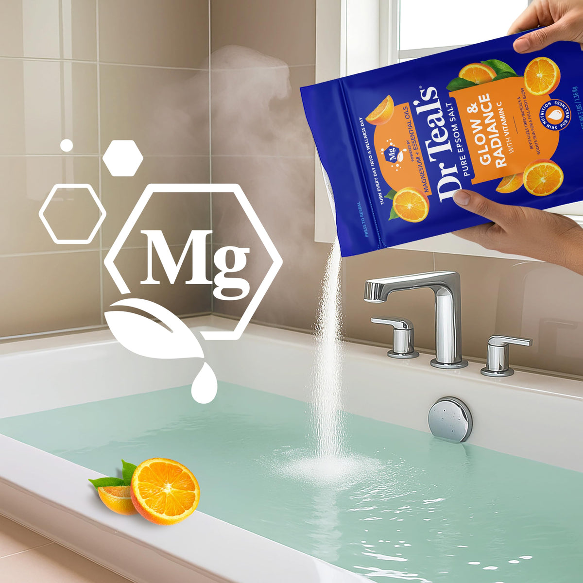 Dr Teal's tub beside filled bathtub illustrating in-use relaxation