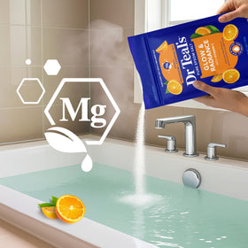 Dr Teal's tub beside filled bathtub illustrating in-use relaxation