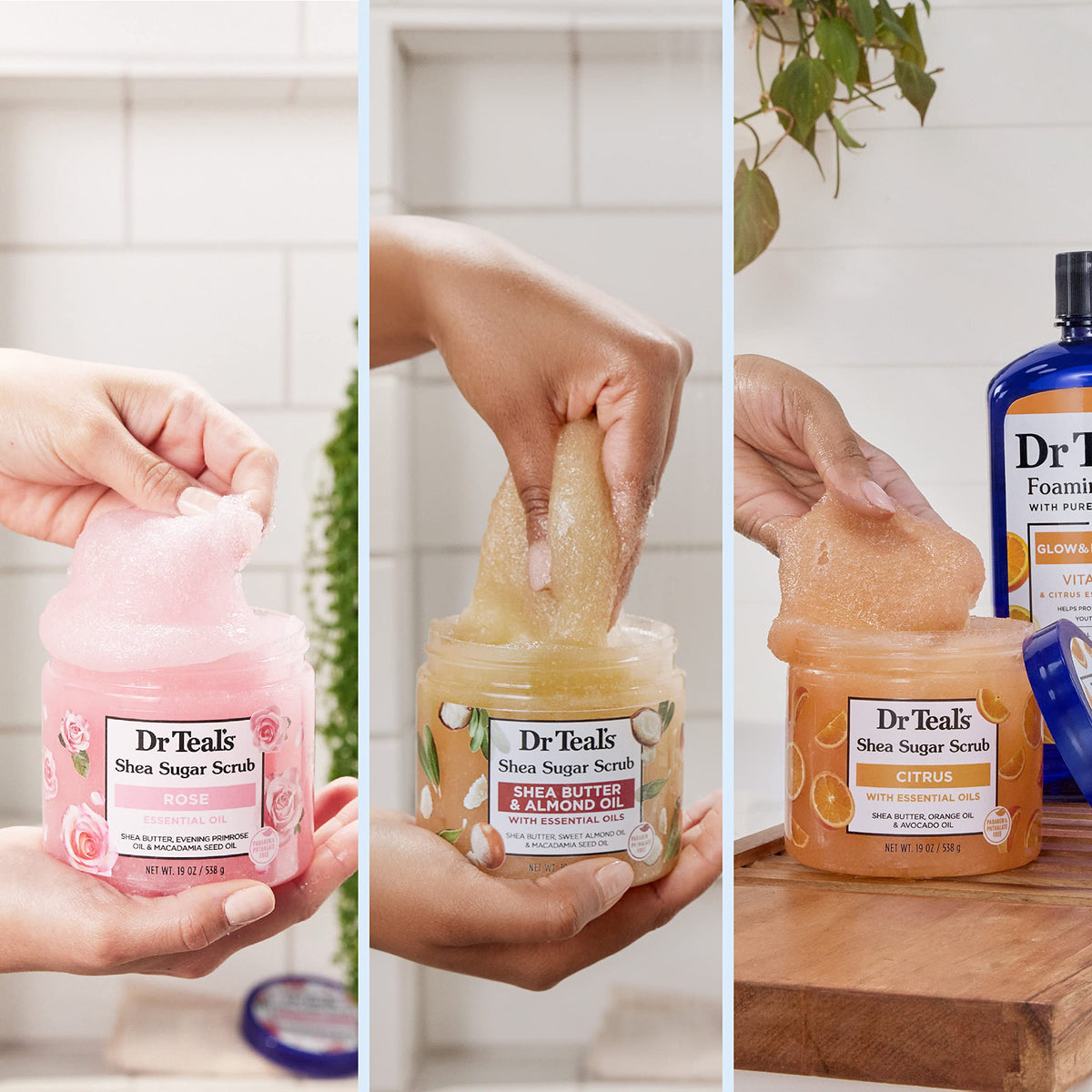 Dr Teal's hand applying scrub to hands to soften and smooth skin