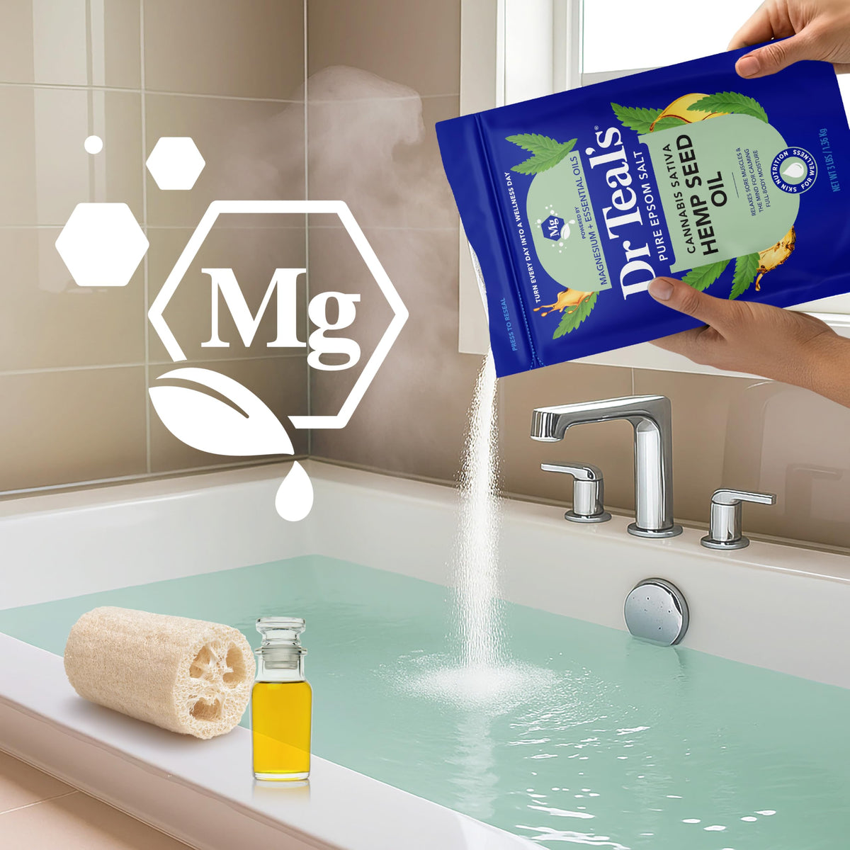 Dr Teal's salts dissolving in bathtub for a relaxing at-home soak benefit