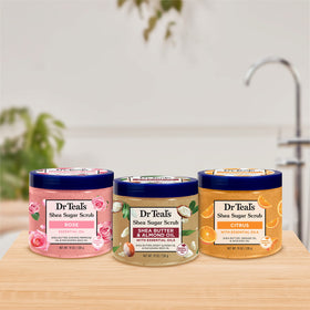 Dr Teal's scrub used in shower showing gentle exfoliation and refreshment