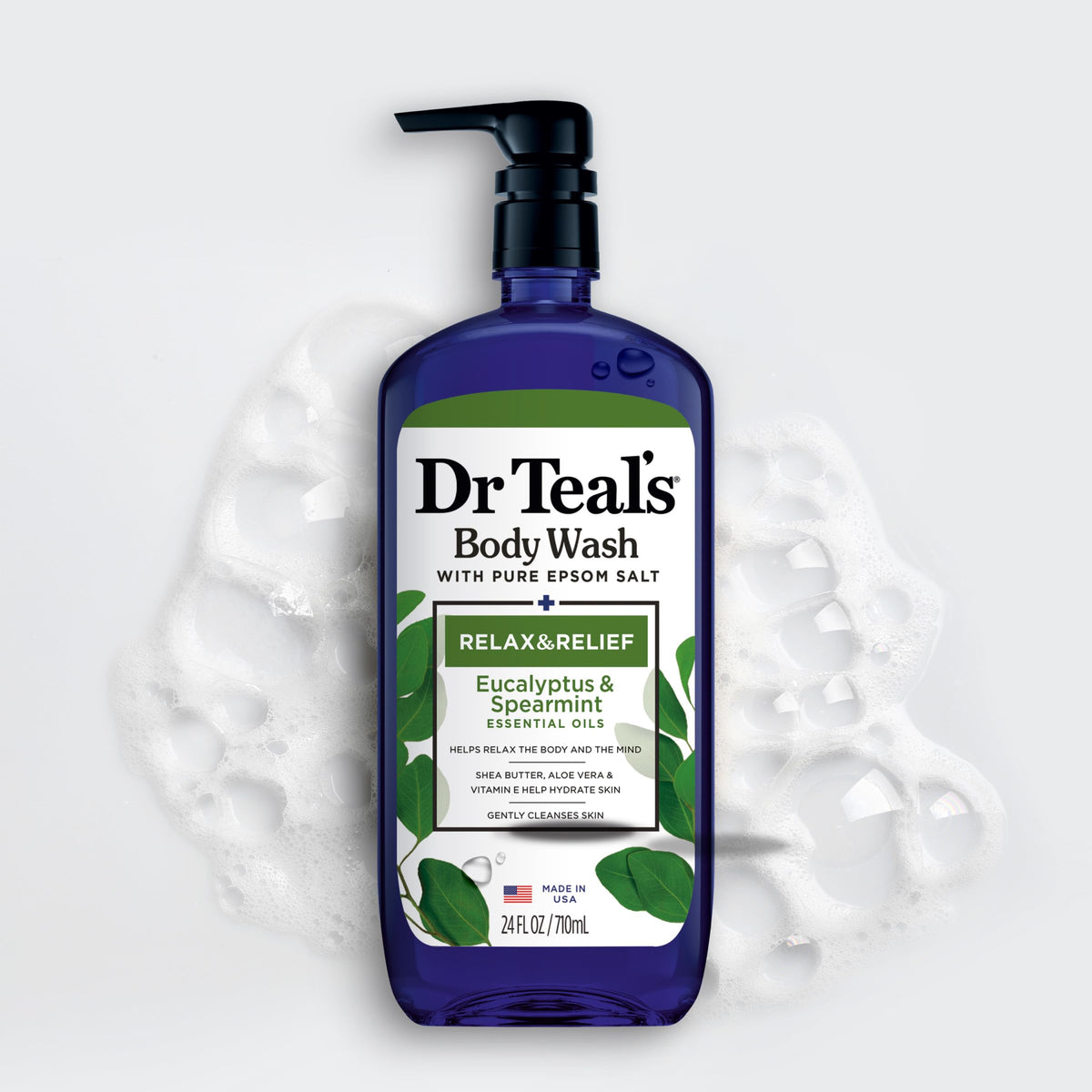 Dr Teal's body wash in use in shower offering refreshing aroma