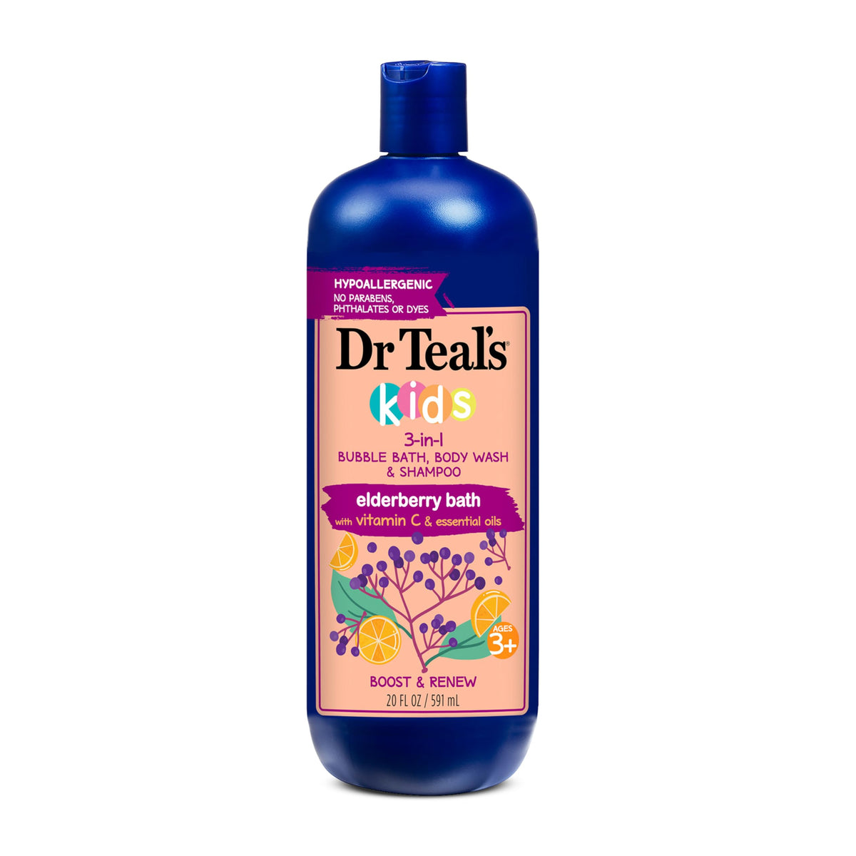 Dr Teal's front packaging showing elderberry 3-in-1 and kid-friendly design