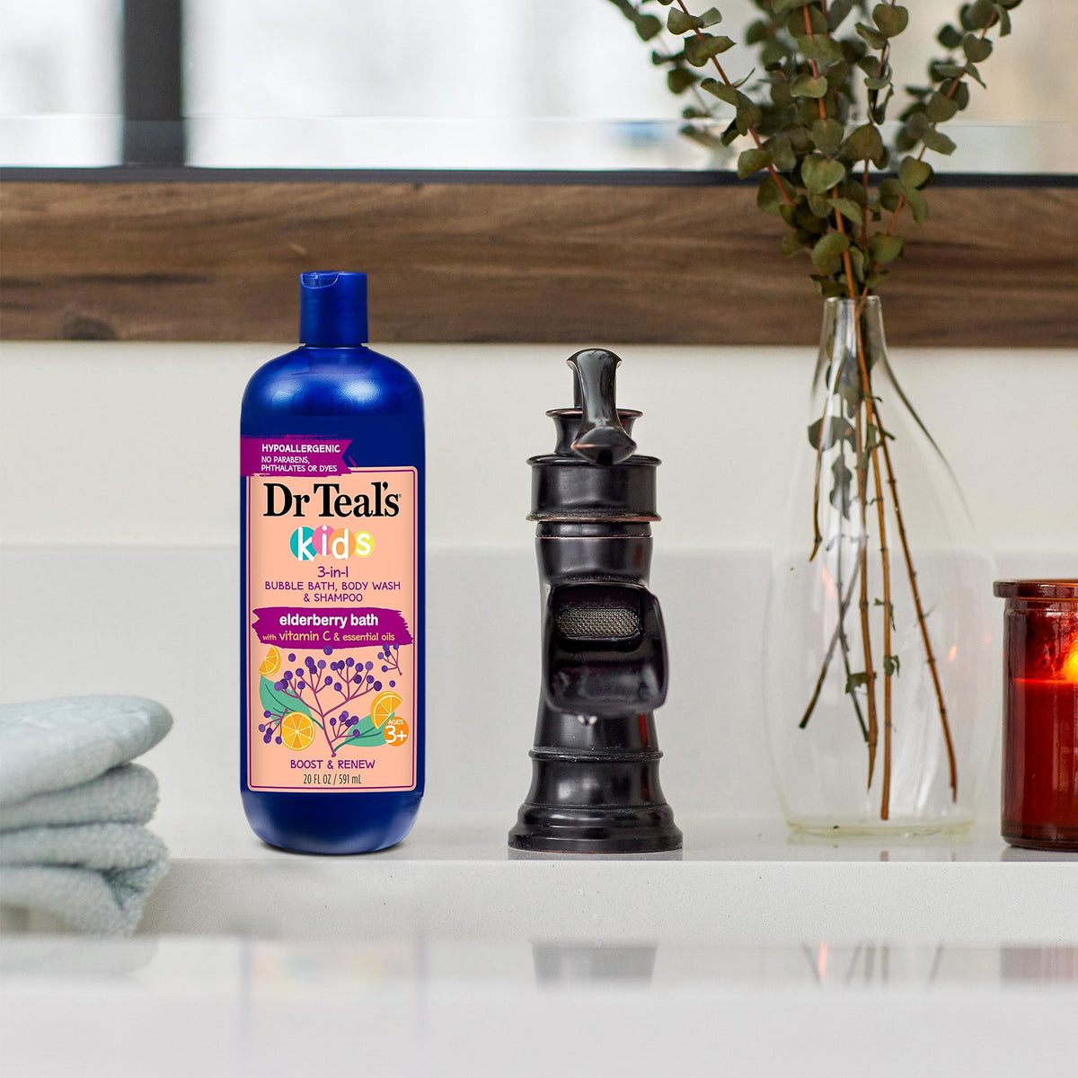 Close-up of Dr Teal's label ingredients, highlighting natural extracts and safety