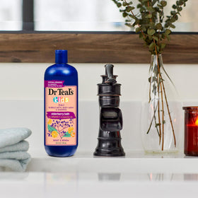 Close-up of Dr Teal's label ingredients, highlighting natural extracts and safety