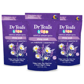 Dr Teal's front packaging showing sleep soak for kids, promotes calming bedtime routine