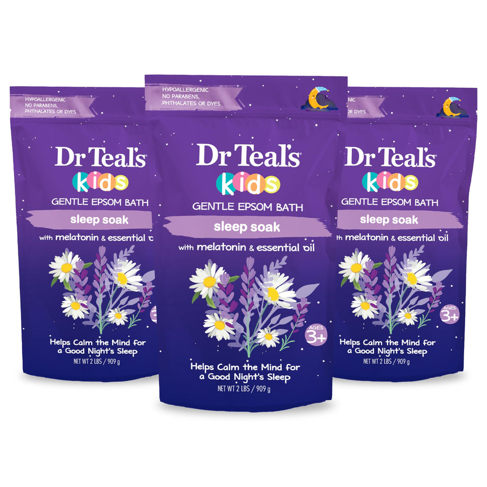 Dr Teal's front packaging showing sleep soak for kids, promotes calming bedtime routine