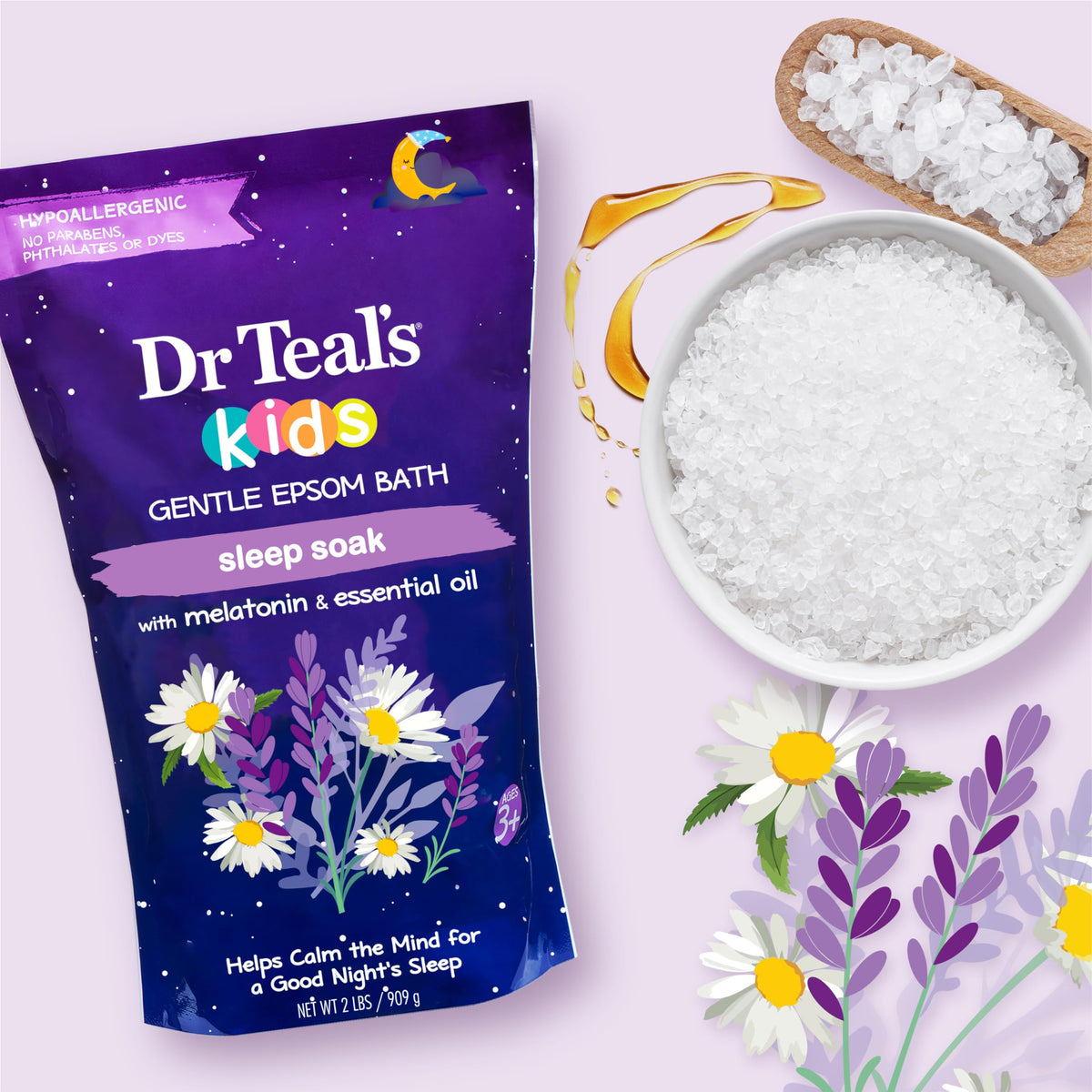 Dr Teal's pouring texture close-up, shows fine Epsom salt for gentle bath sensation