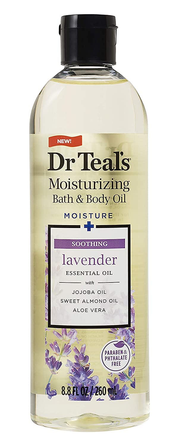 Dr Teal's lavender bottle close-up with readable label and calming scent benefit