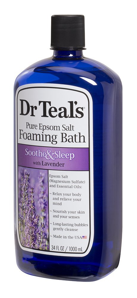 Dr Teal's lavender bottle close-up of label and floral motif highlighting calming scent benefit