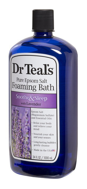 Dr Teal's lavender bottle close-up of label and floral motif highlighting calming scent benefit