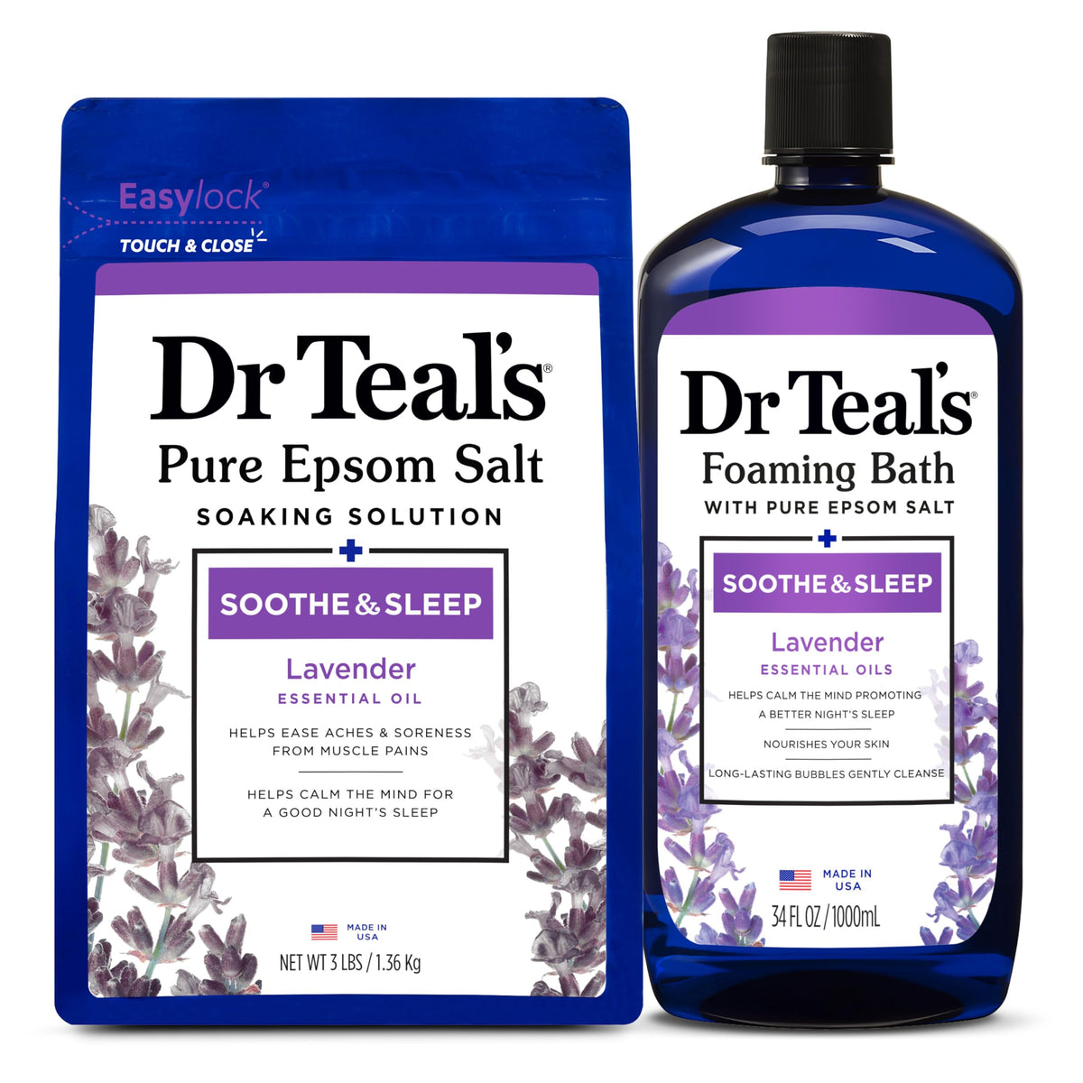 Dr Teal's front packaging of lavender Epsom Salt and foaming bath for easy routine
