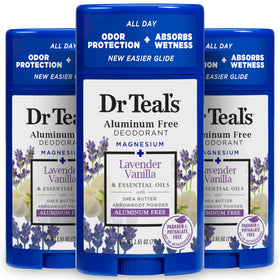 Dr Teal's front packaging showing calming lavender vanilla scent and stick benefit