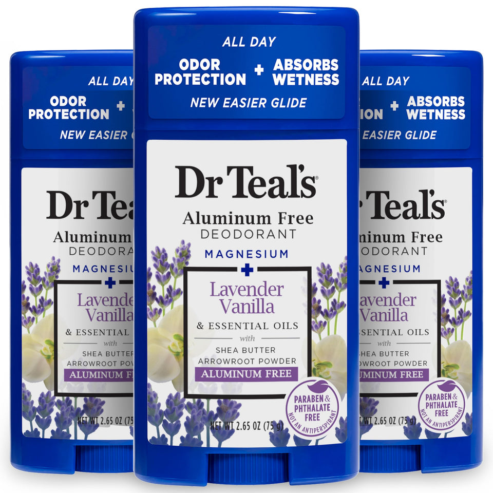 Dr Teal's front packaging showing calming lavender vanilla scent and stick benefit