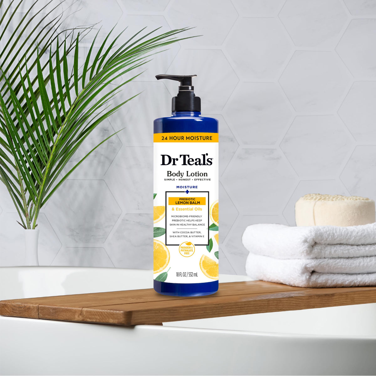 Dr Teal's bottles on bathroom shelf suggesting daily ritual use