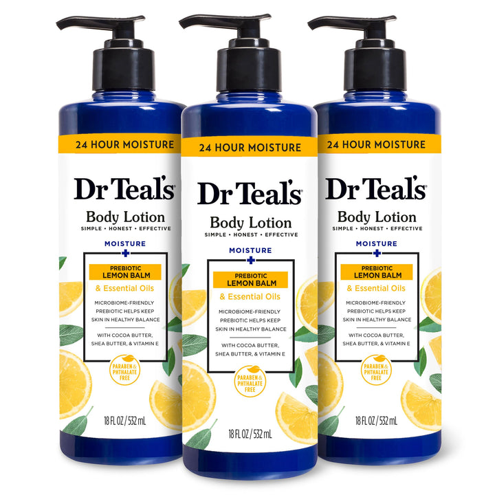 Dr Teal's front packaging showing three 18 oz bottles and scent