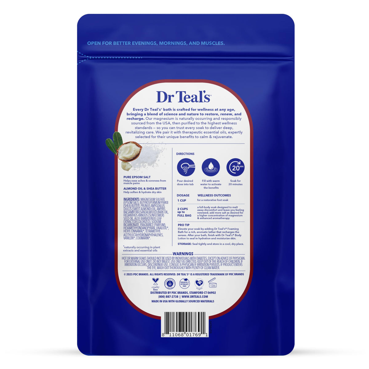 Dr Teal's open bag revealing white Epsom salt crystals, ready to dissolve for soothing baths