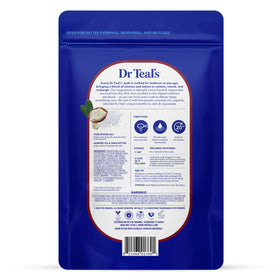 Dr Teal's open bag revealing white Epsom salt crystals, ready to dissolve for soothing baths