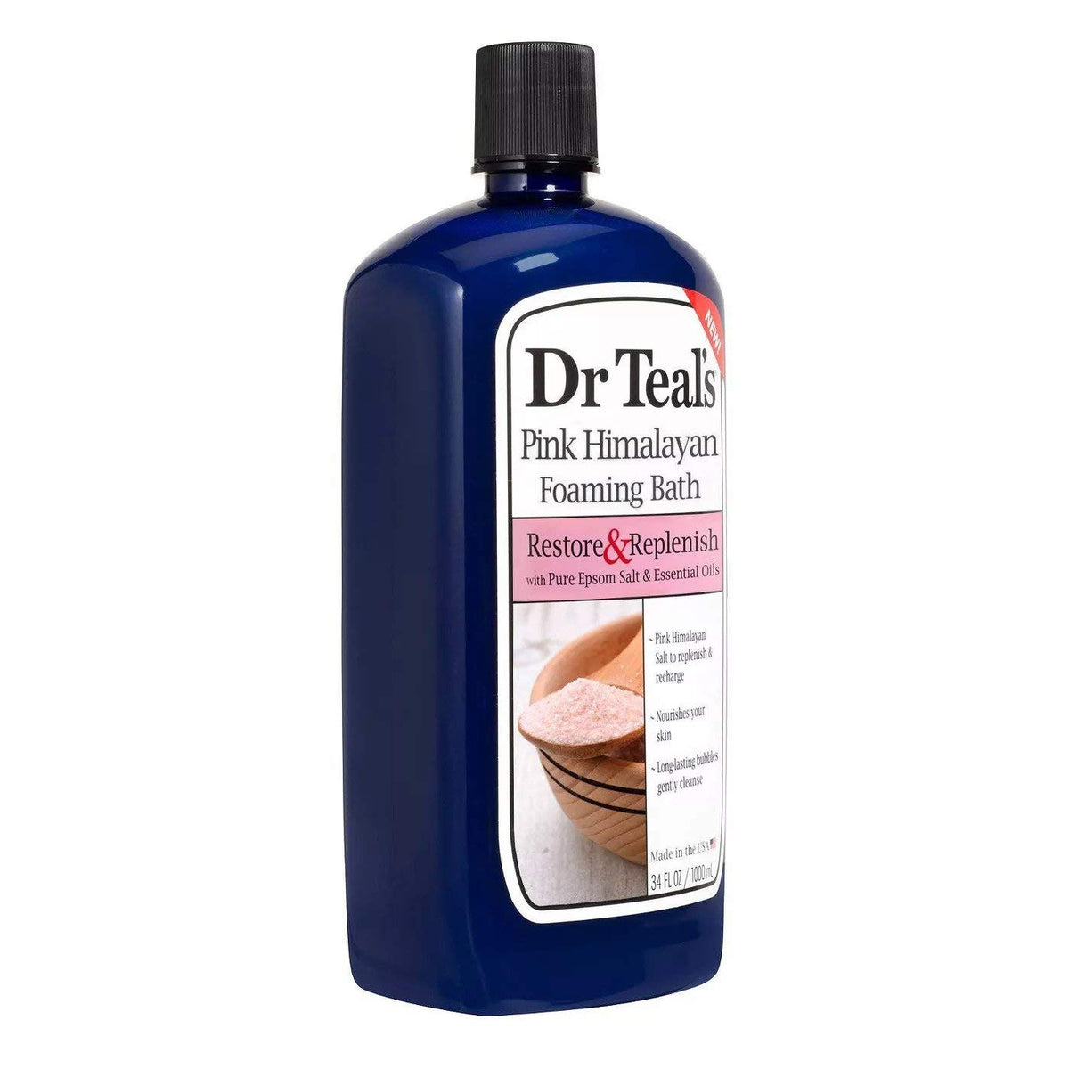 Dr Teal's bottle in a bathtub setting suggesting relaxing spa-like benefits