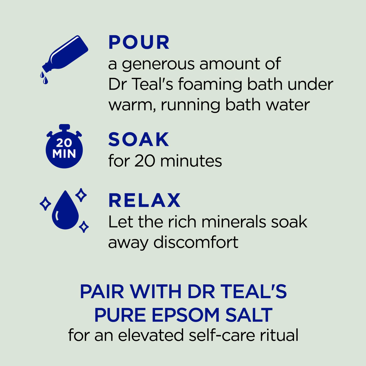 Dr Teal's being poured into tub producing bubbles and a soothing aroma
