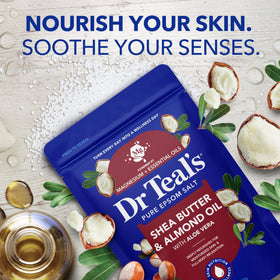 Pouring Dr Teal's salts into a tub, illustrating effortless use and quick water dissolution