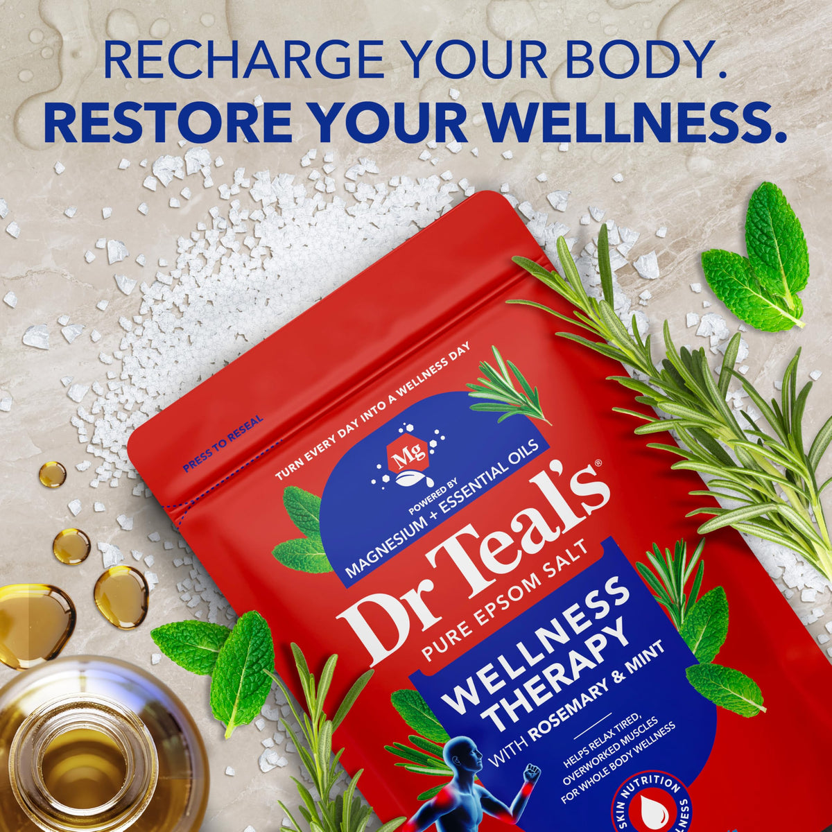 Dr Teal's pouring salts into bath illustrating easy use and relaxation