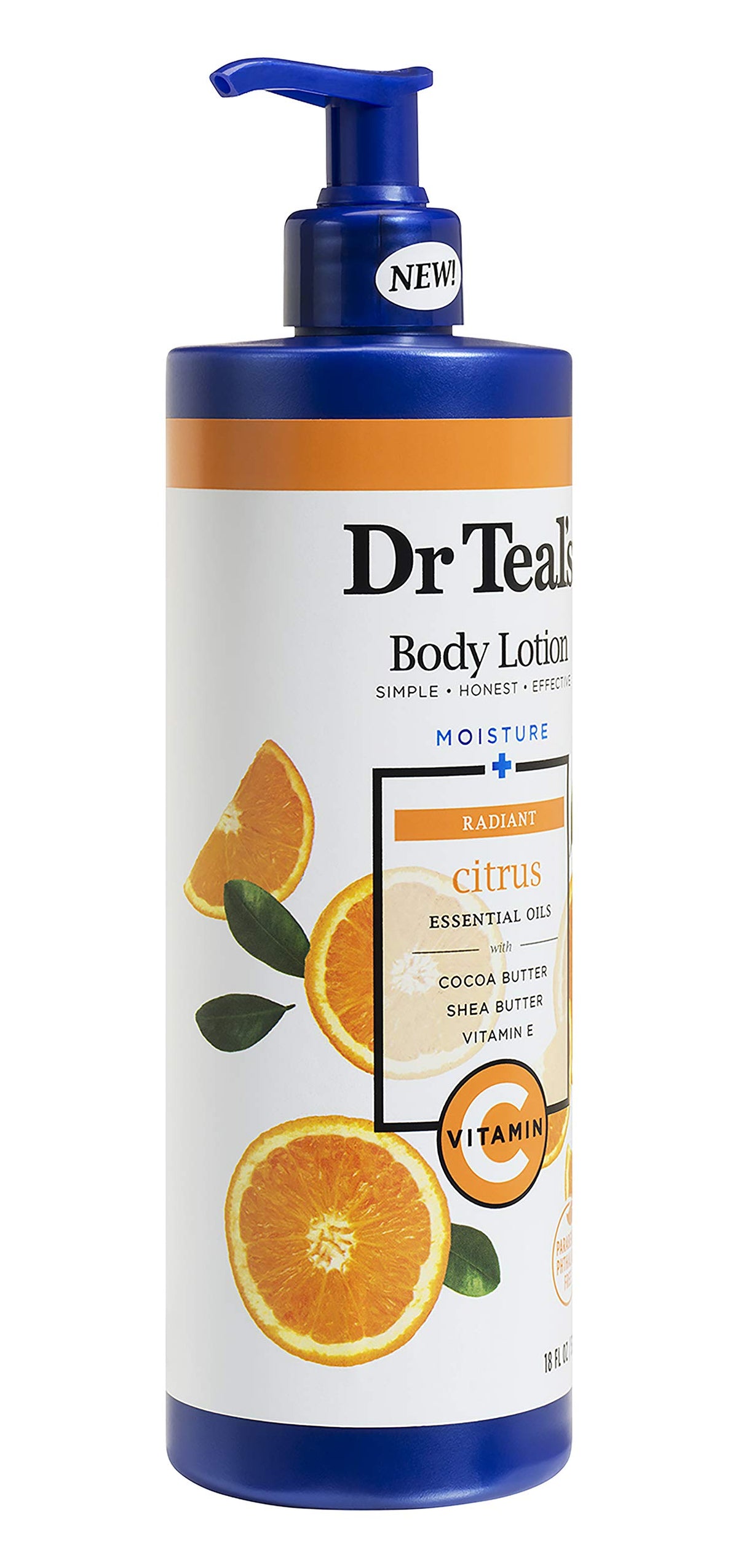 Dr Teal's pump dispenser and label highlighting ingredients and easy use