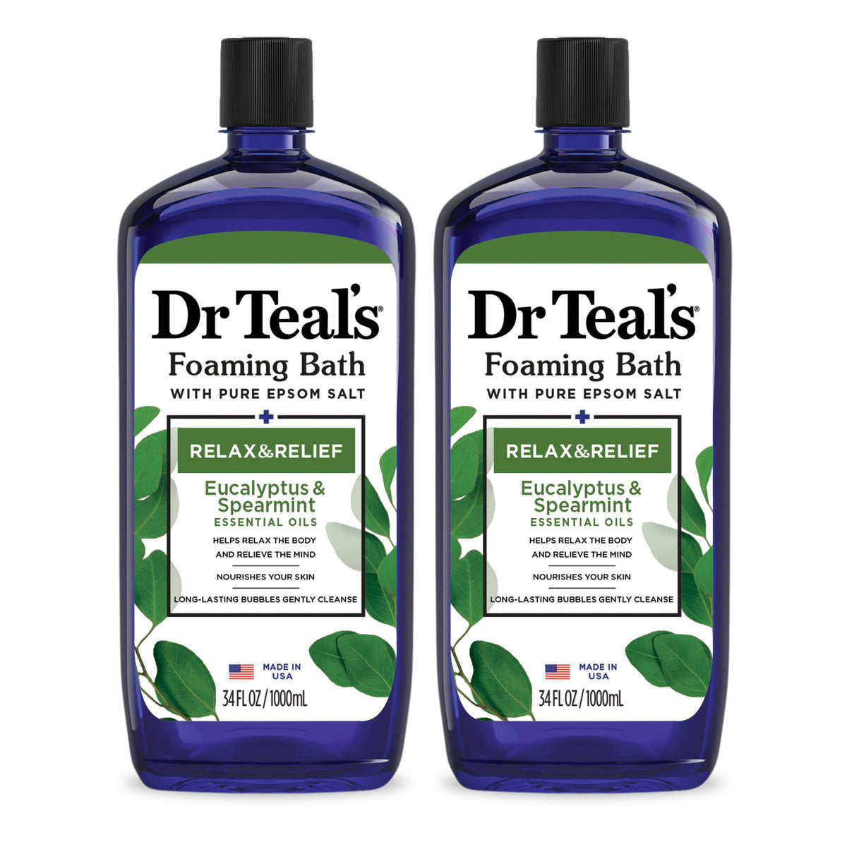 Dr Teal's bottle front packaging showing eucalyptus and spearmint scent benefits