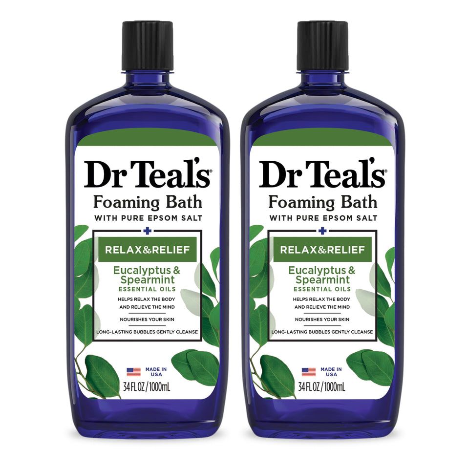 Dr Teal's bottle front packaging showing eucalyptus and spearmint scent benefits