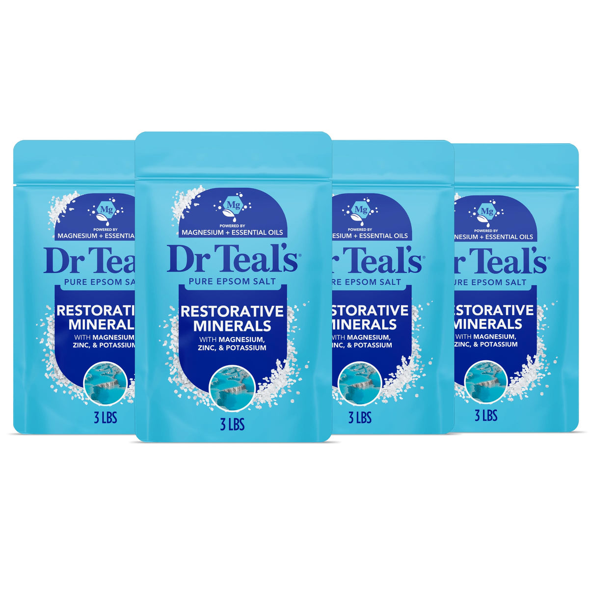Dr Teal's front packaging showing restorative minerals and eucalyptus, clear product benefit