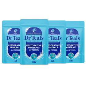Dr Teal's front packaging showing restorative minerals and eucalyptus, clear product benefit