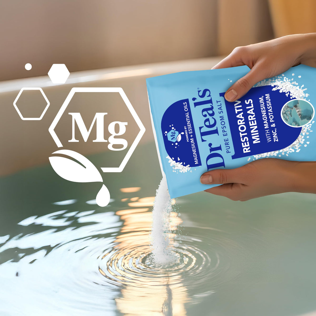 Dr Teal's close-up label showing magnesium potassium zinc blend and ingredient transparency