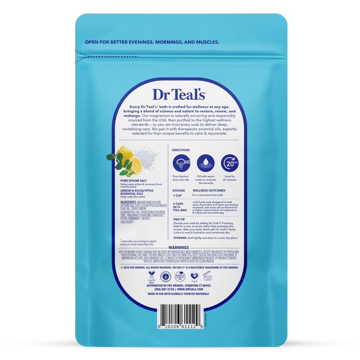 Dr Teal's open container showing white Epsom salt granules, highlighting purity and texture