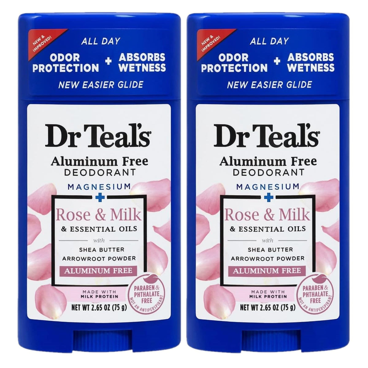 Dr Teal's front packaging of Rose & Milk deodorant showing two sticks and clean design for gift-ready appeal