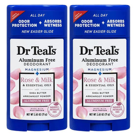 Dr Teal's front packaging of Rose & Milk deodorant showing two sticks and clean design for gift-ready appeal
