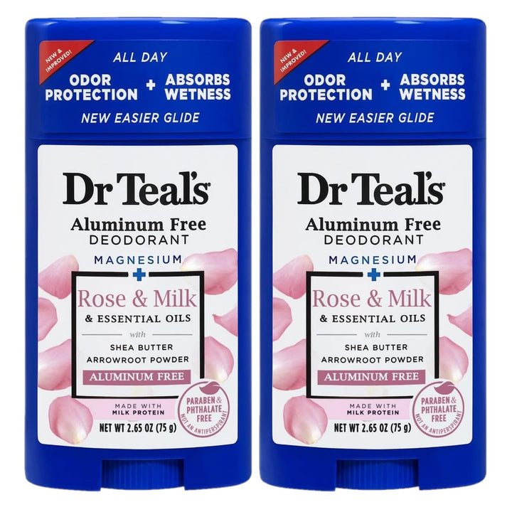 Dr Teal's front packaging of Rose & Milk deodorant showing two sticks and clean design for gift-ready appeal
